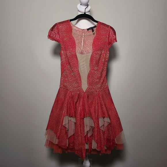 BCBGMAXAZRIA Scarlet Red Lace Mesh Tiered Layered Tulle Rochelle Fairy Dress 2 - Picture 1 of 10